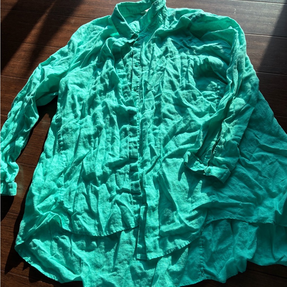 Eileen Fisher Teal Collared High Low Button Down Shirt